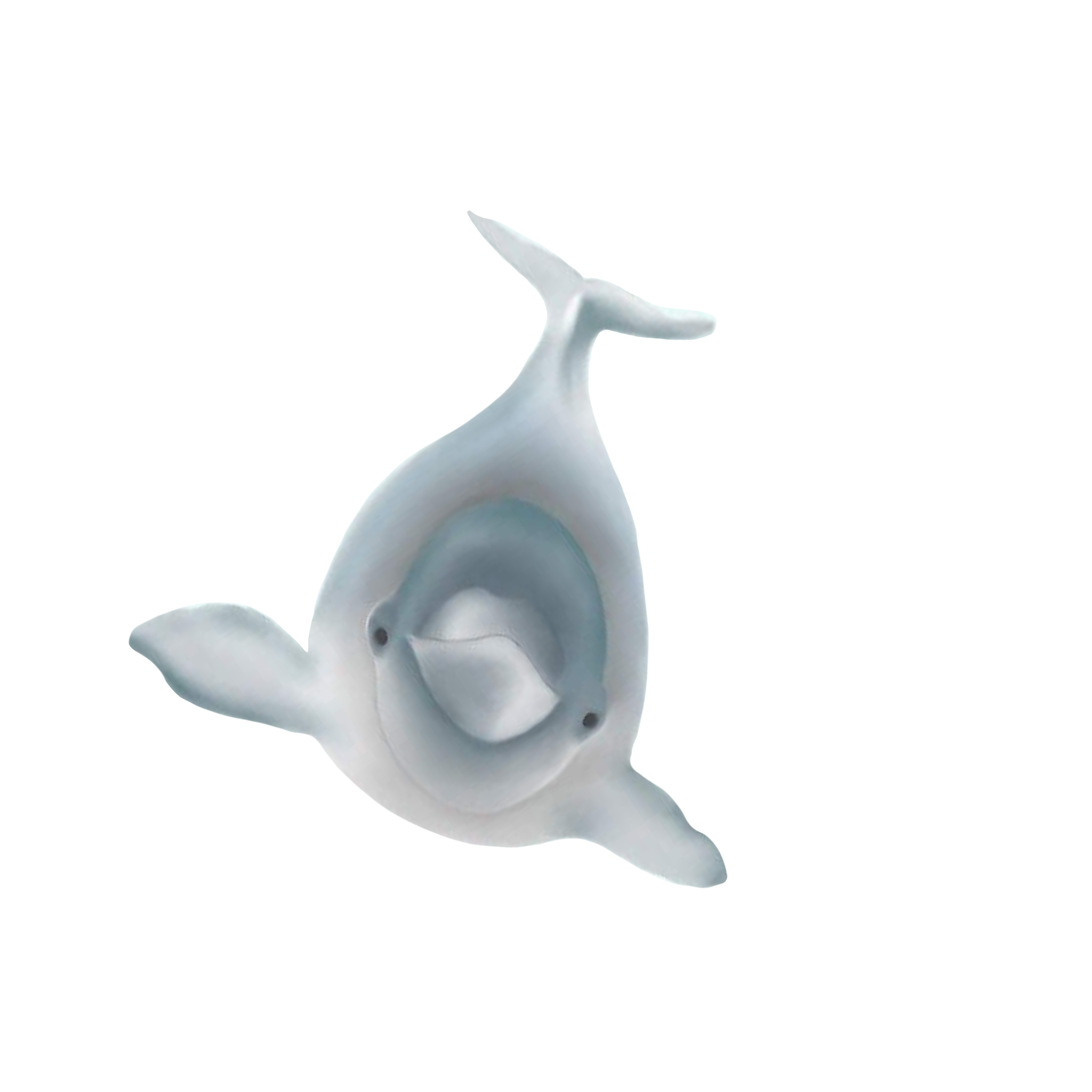 A silver whale-shaped sculpture on a stand with labeled parts, including fins, tail, and head, against a black background.