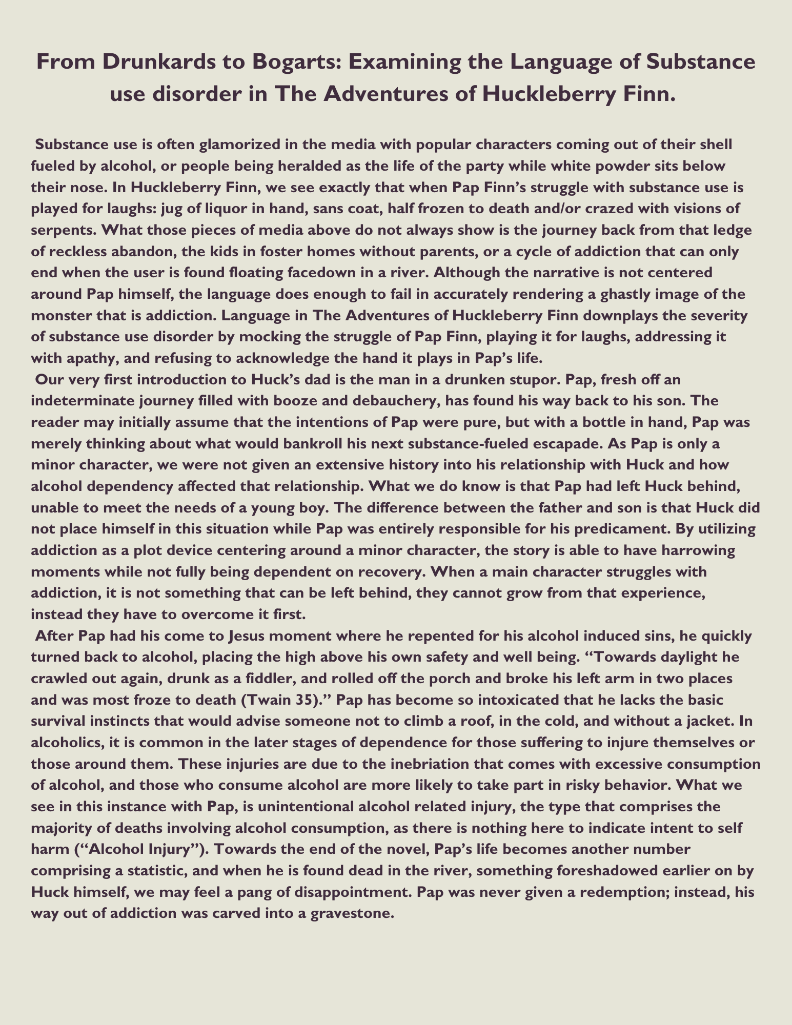 Page of text from a book or article discussing substance use disorder in the context of 'The Adventures of Huckleberry Finn'.