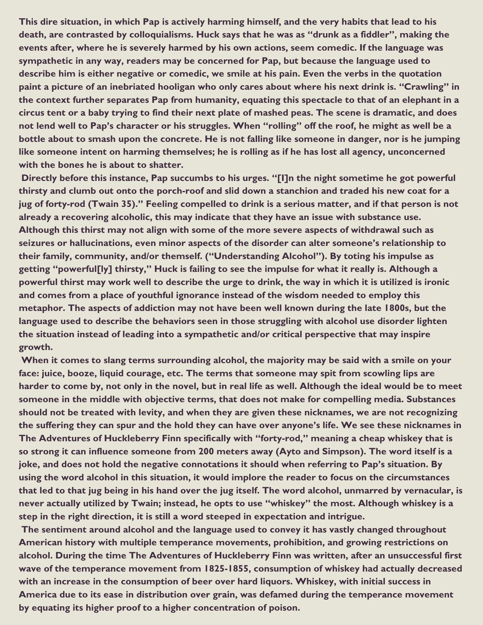 A page of text discussing the character Pap from Mark Twain's 'Huckleberry Finn', his struggles with alcoholism, and the cultural history of alcohol and related slang terms.