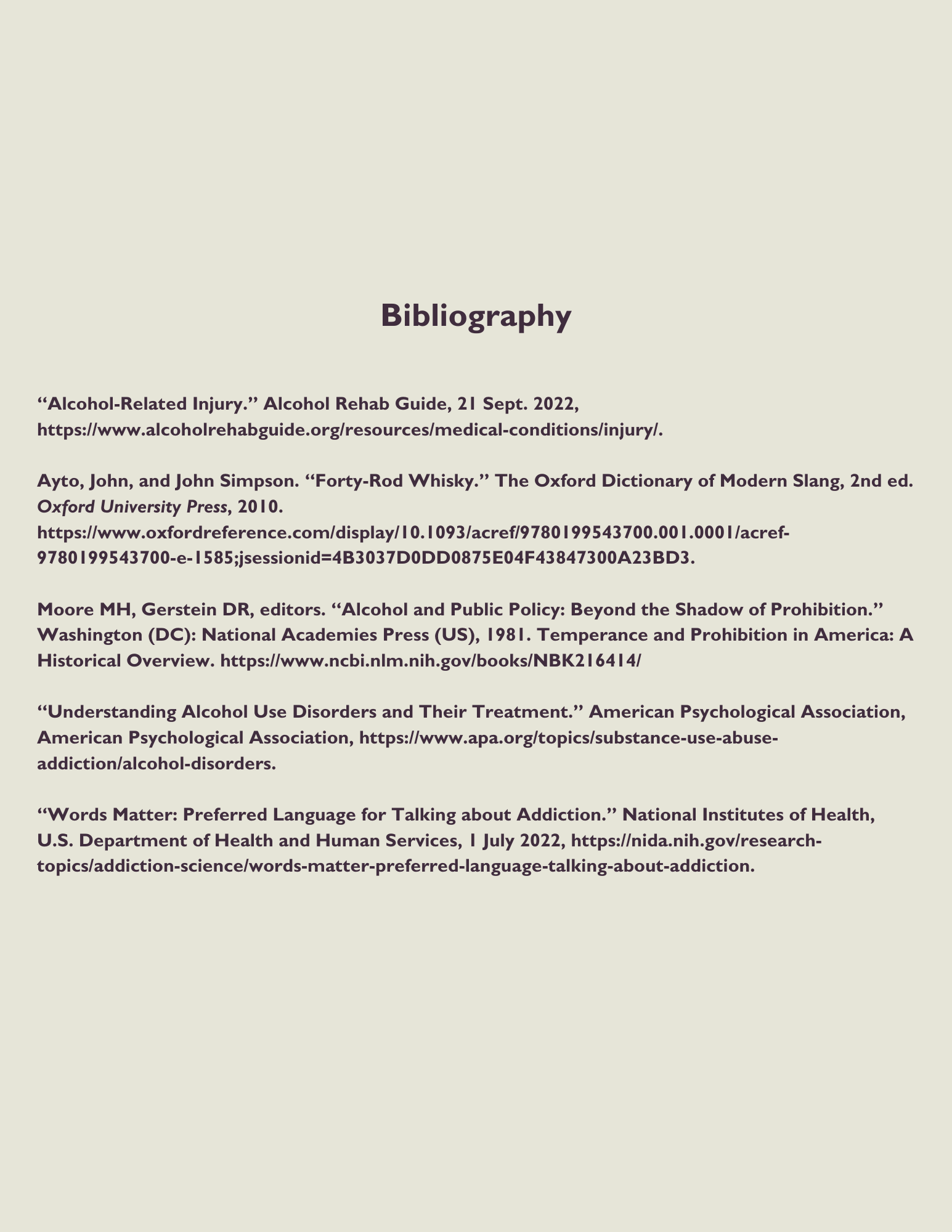 A bibliography page listing various sources related to alcohol injury, alcohol policy, addiction, and language usage in discussing addiction.