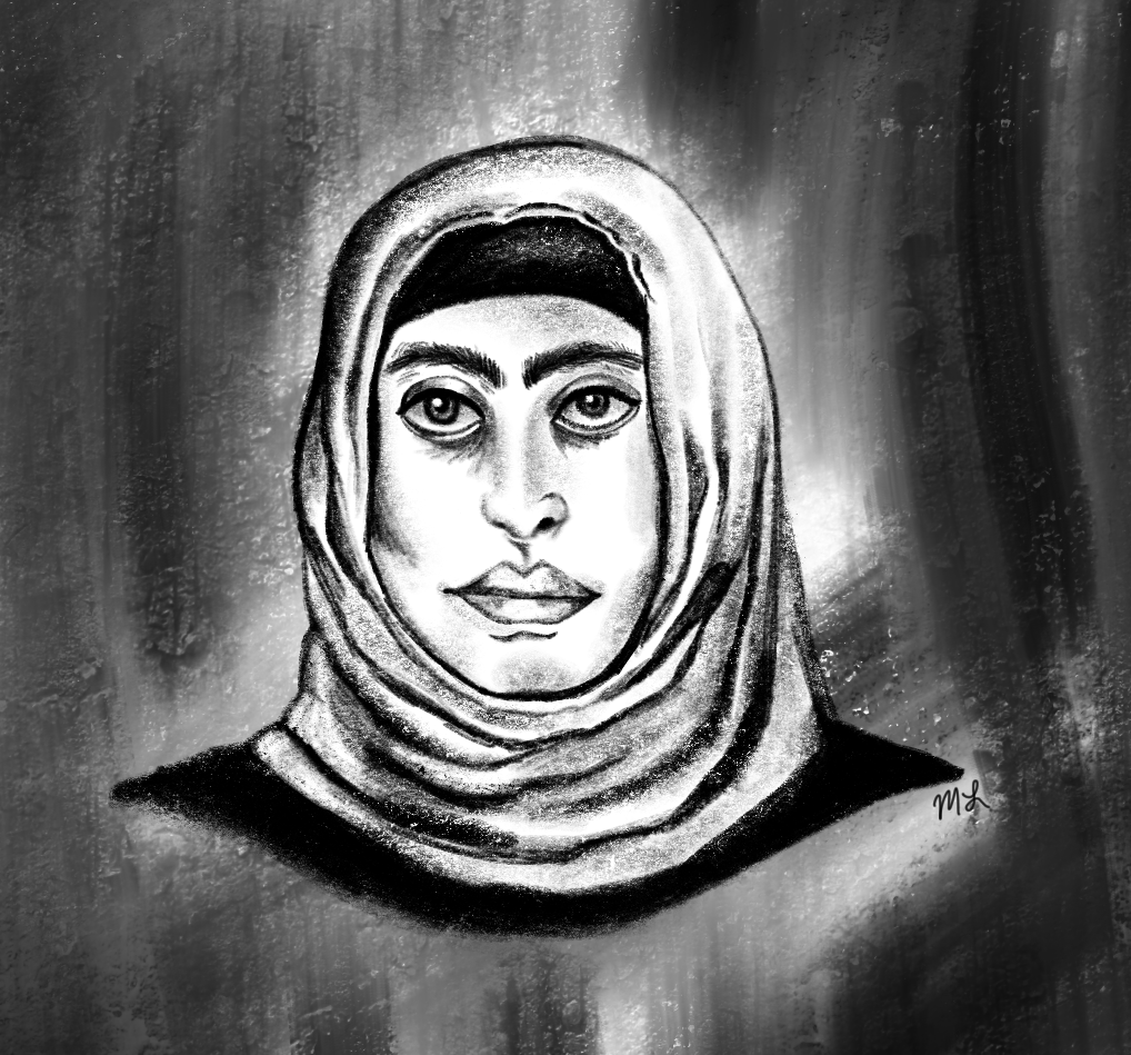 Black and white drawing of a woman wearing a headscarf, with detailed facial features and a neutral expression.