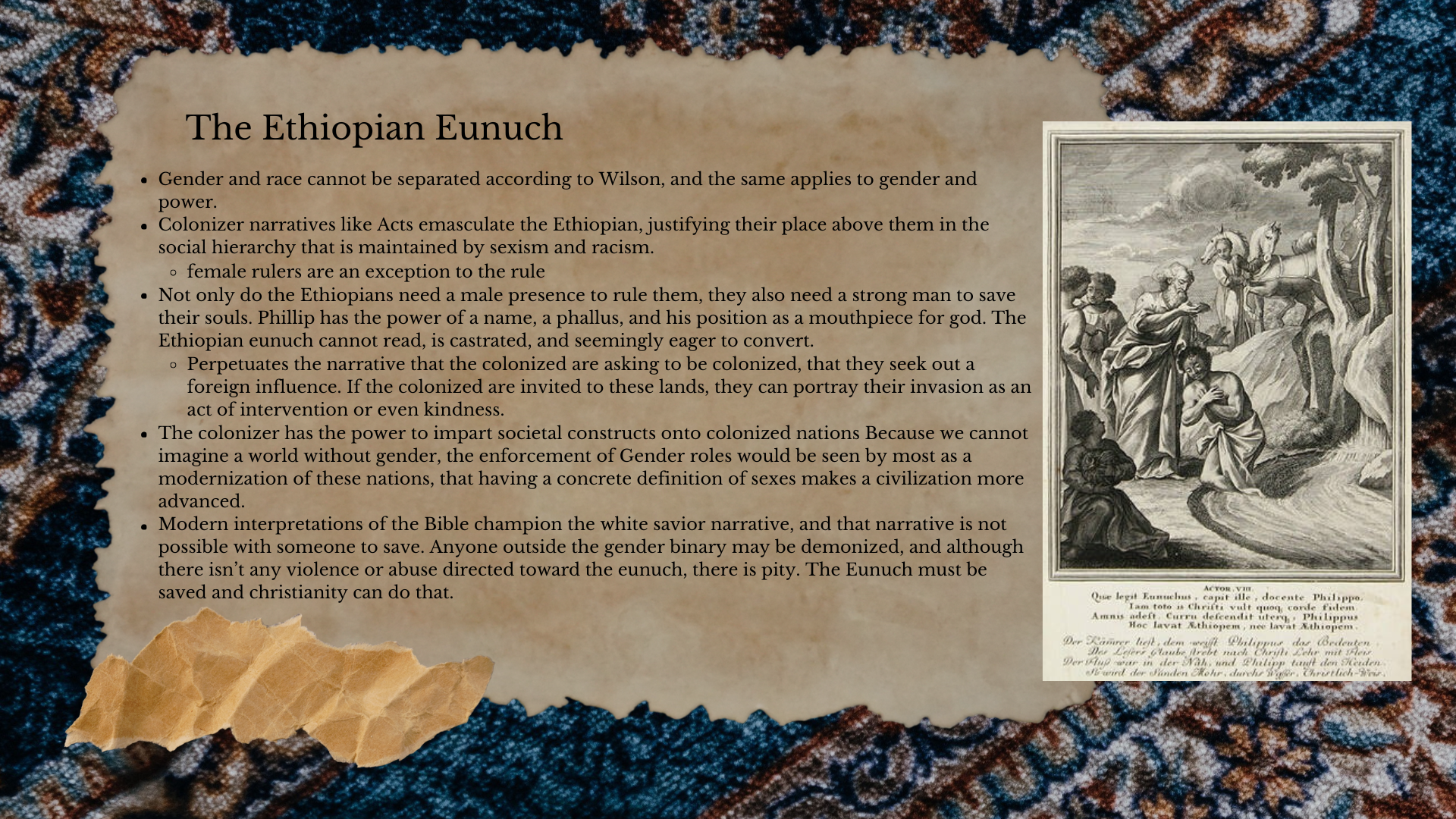 Historical document titled 'The Ethiopian Eunuch' with a black-and-white illustration of a biblical scene, surrounded by decorative fabric and torn paper.
