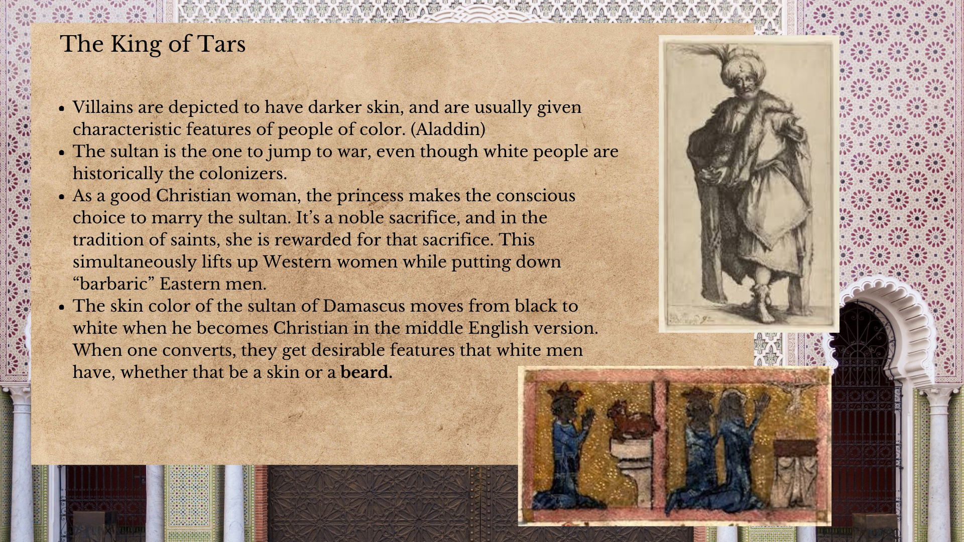 An informational slide with text about the cultural and historical symbolism of skin color and features of the sultan of Damascus, including an old black-and-white illustration of a man in traditional Middle Eastern attire, and a small section of religious iconography or tapestry depicting figures and a crown.