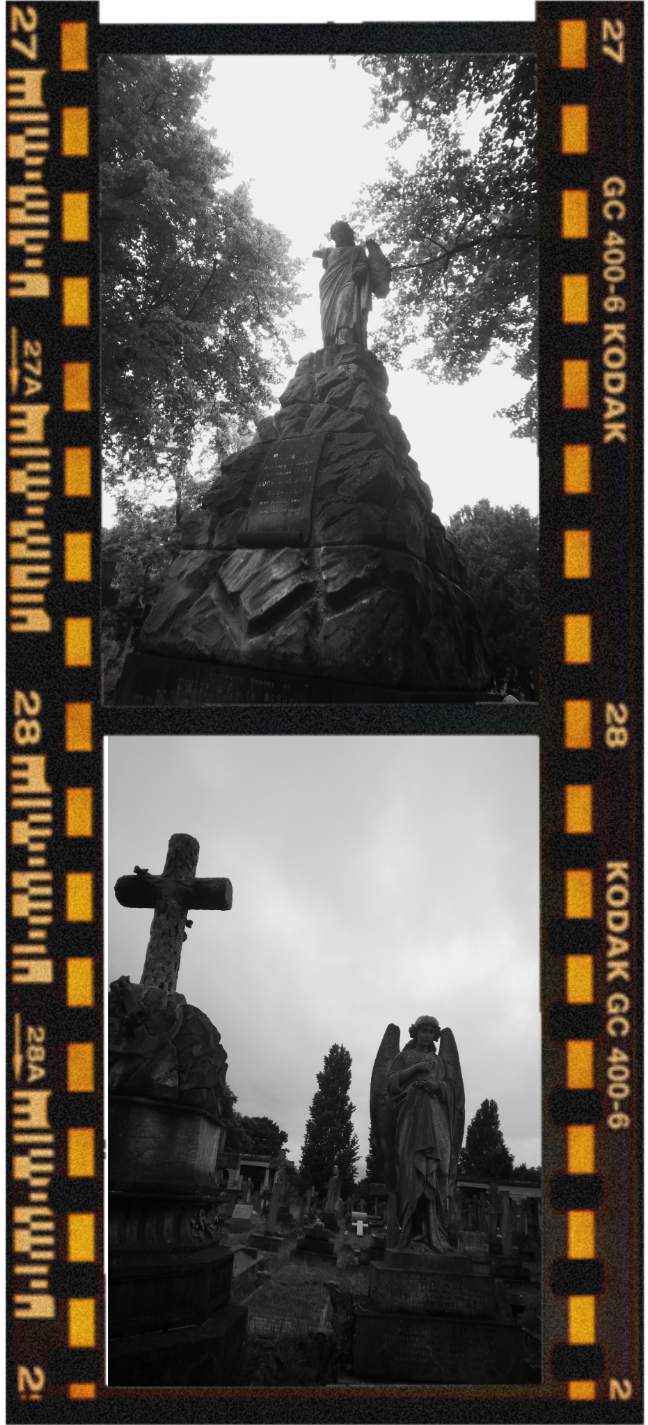 Black and white film strip with two images showing religious statues and crosses in outdoor cemetery settings.