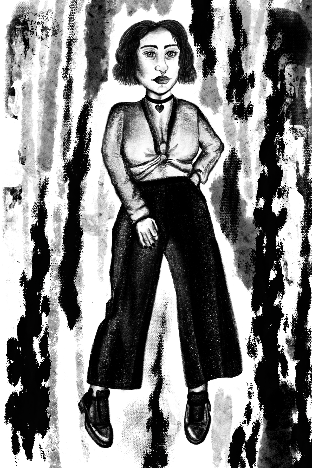 A black-and-white drawing of a woman with short wavy hair, wearing a tied shirt, wide-legged pants, and platform shoes, standing with one hand on her hip against a textured, abstract background.