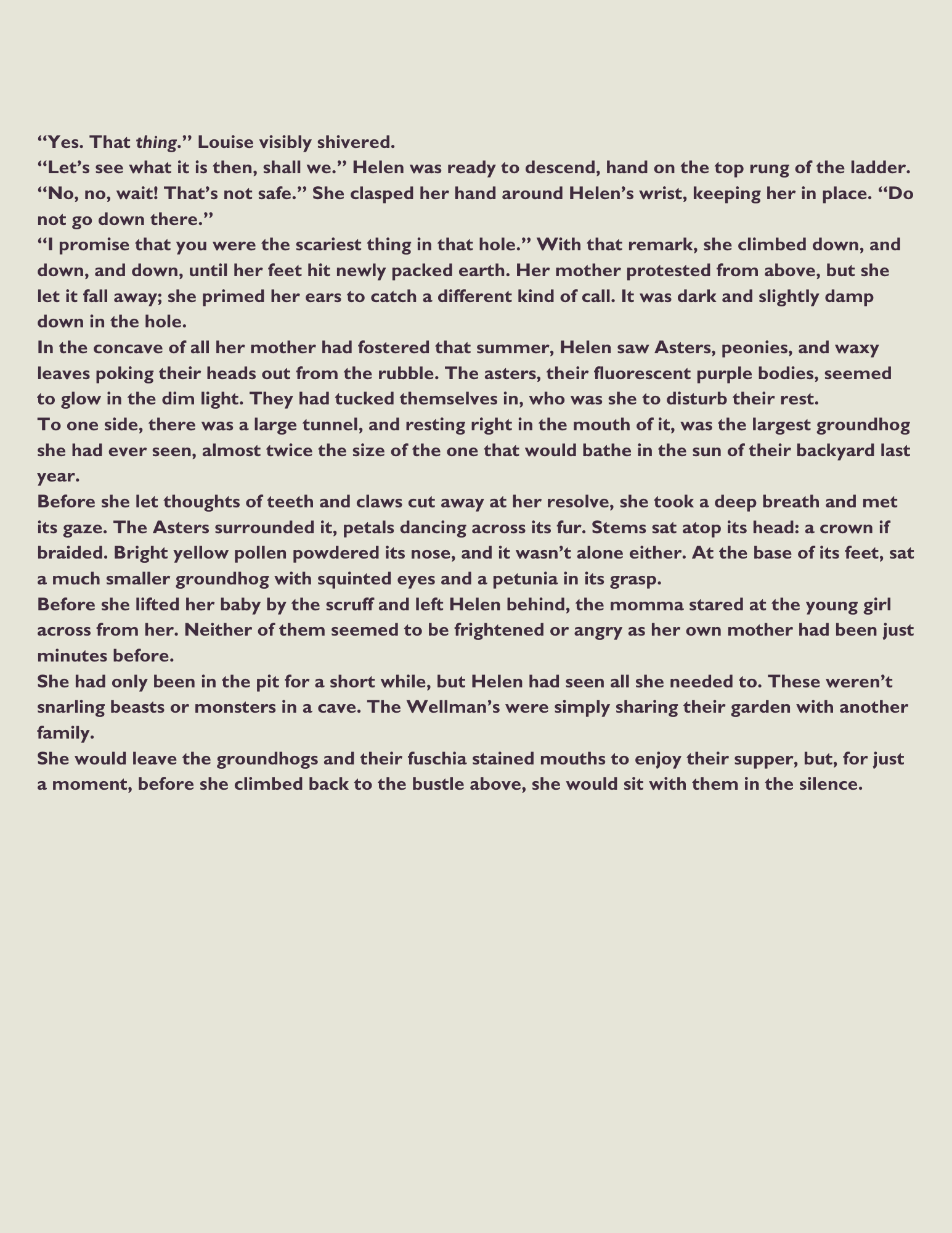 Page of a book with text excerpt discussing a scene where a girl named Helen climbs out of a hole and observes nature including asters, peonies, waxy leaves, a large groundhog, and other garden elements.