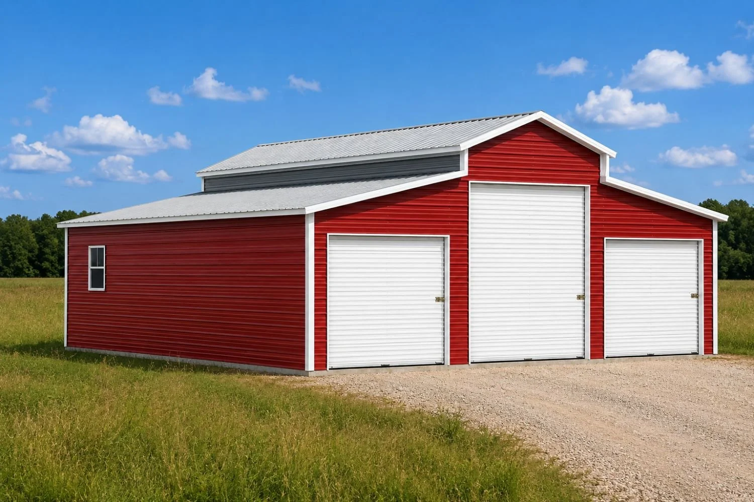 a red barn in a green fieeld under a blue sky