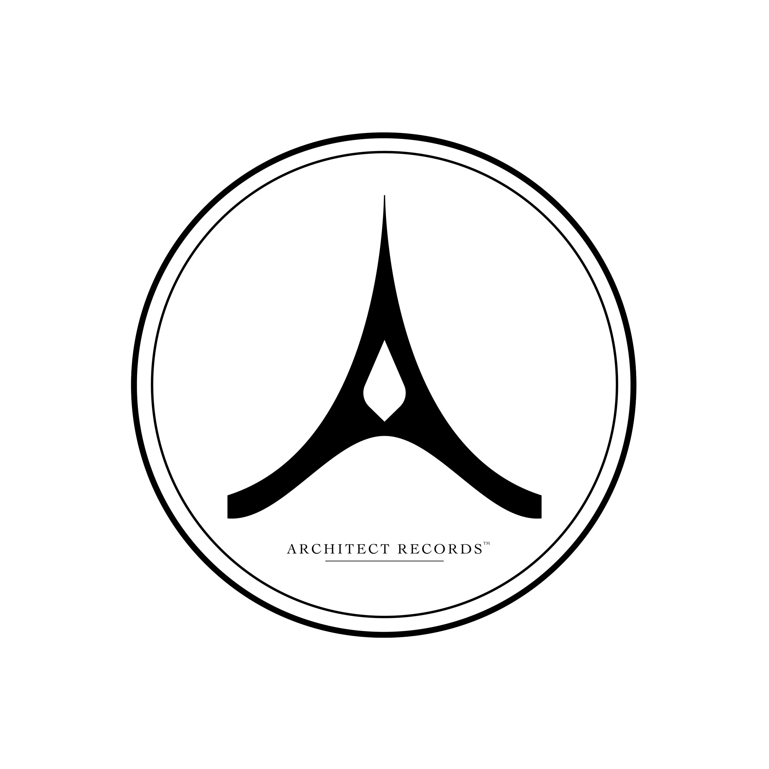 A black and white logo with a circular border featuring a stylized abstract shape inside, and the text 'ARCHITECT RECORDS' below.
