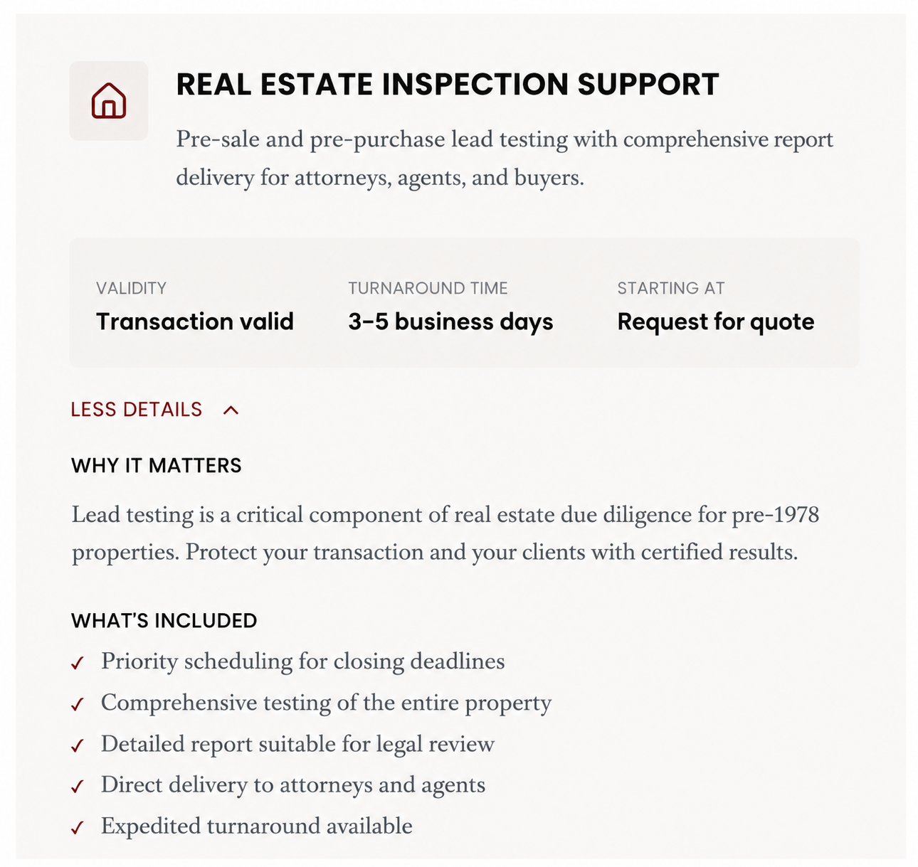 A webpage offering real estate inspection support services, including lead testing for pre-sale and pre-purchase, with details on validity, turnaround time, and what is included in the service.