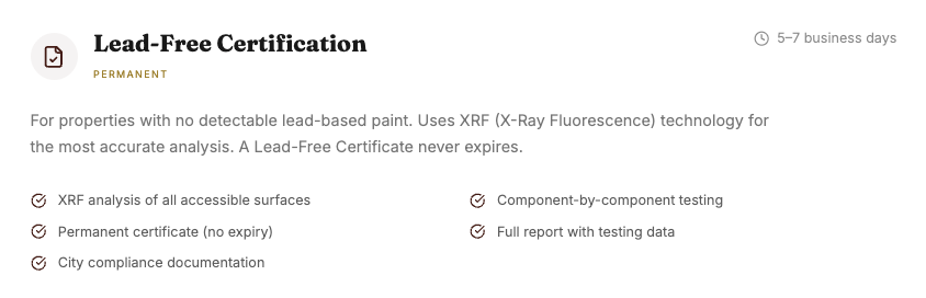 Screenshot of a Lead-Free Certification webpage confirming properties with no detectable lead-based paint, using XRF technology, with a 5-7 business day processing time.
