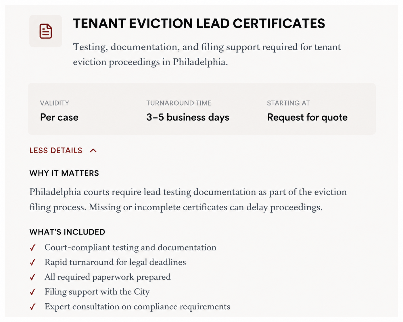 Information about tenant eviction lead certificates, including validation per case, turnaround time of 3-5 business days, and the process starting with a request for a quote. Explanation of the importance of lead testing documentation in Philadelphia tenant eviction proceedings, list of included services such as court-compliant testing, rapid turnaround, prepared paperwork, and consultation.