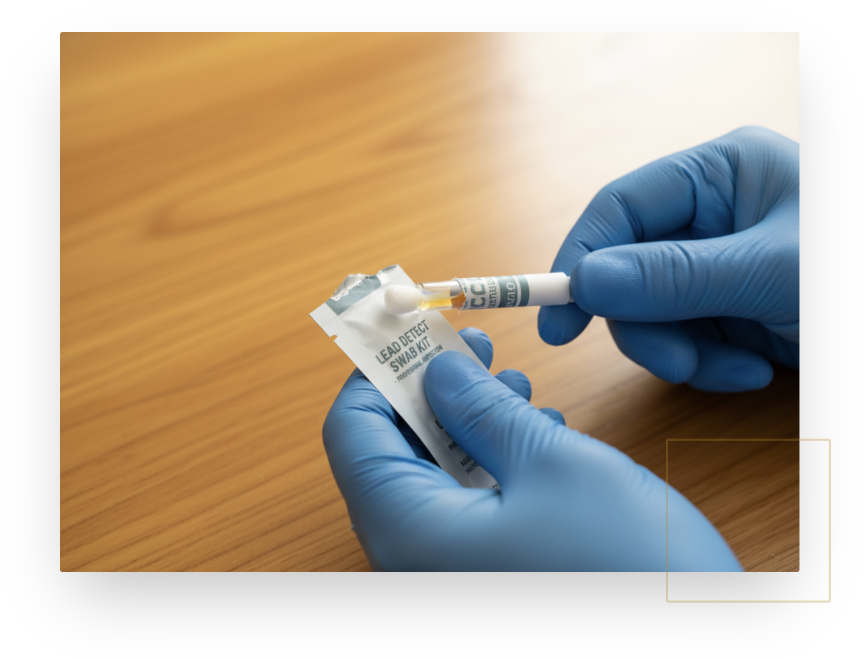 Person wearing blue gloves holding a lead detection swab kit and a testing swab.