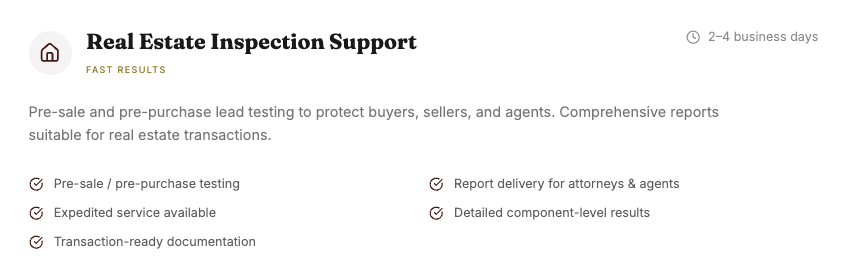 Screenshot of a real estate inspection support service webpage, listing services like pre-sale testing, detailed reports, and quick delivery timelines.