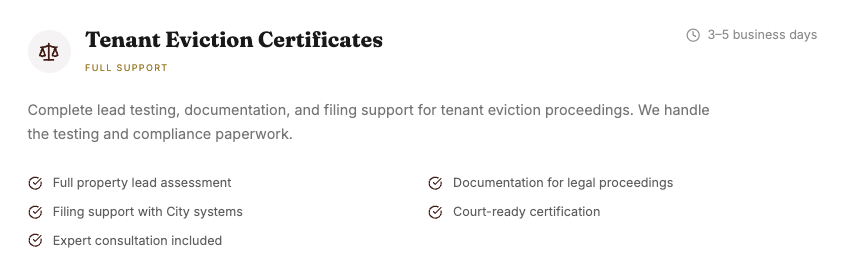 Screen shot of a document titled Tenant Eviction Certificates, featuring a logo at the top and a list of services including property lead assessment, documentation for legal proceedings, filing support with city systems, court-ready certification, and expert consultation. The document mentions a processing time of 3-5 business days.