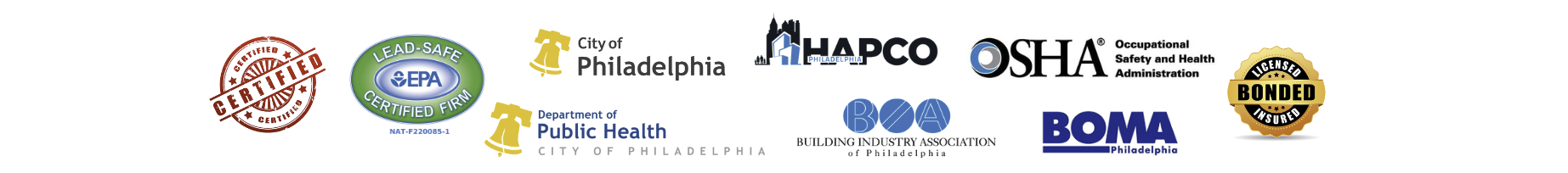 Collection of logos including EPA Lead-Safe Certified Firm, City of Philadelphia, Philadelphia Department of Public Health, OSHA, Building Industry Association, BOMA Philadelphia, and Bonded and Insured certification.