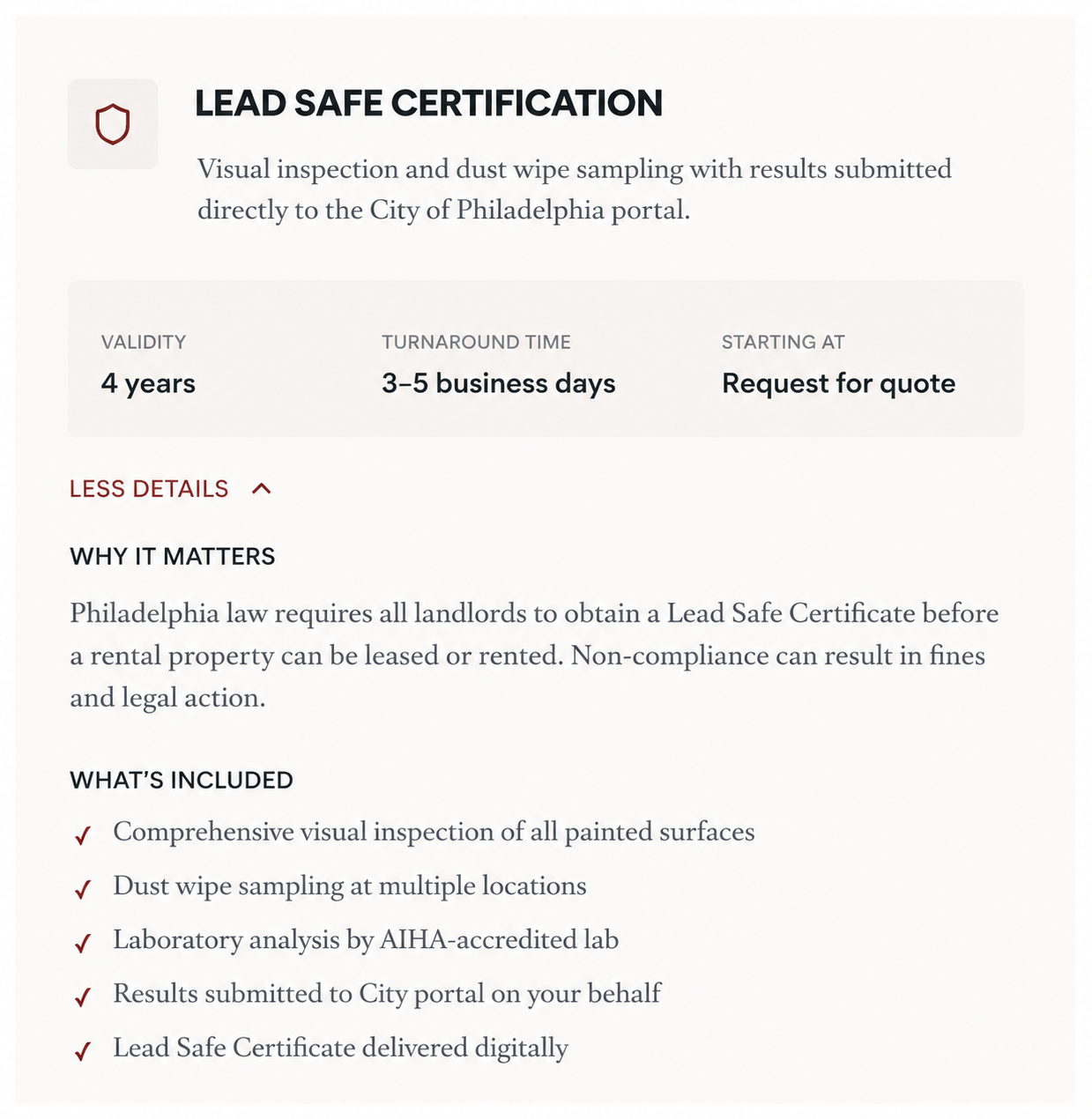 A webpage detailing the Lead Safe Certification process in Philadelphia. It includes information about validity, turnaround time, and requirements for landlords to obtain a certificate for rental properties, with a focus on visual inspection and dust wipe sampling.