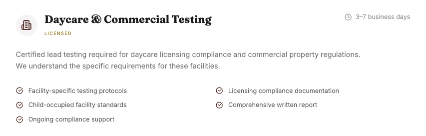 Document titled 'Daycare & Commercial Testing' outlining requirements for lead testing compliance, including facility-specific protocols, documentation, standards, reports, and ongoing support.