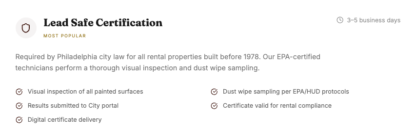 A Lead Safe Certification document stating that Philadelphia city law requires all rental properties built before 1978 to undergo visual inspection and dust wipe sampling for lead. The document mentions the certification process, submission to the city portal, and digital delivery, with an estimated processing time of 3-5 business days.