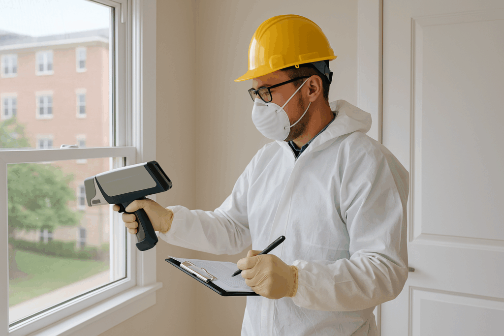 A man in protective gear, including a yellow hard hat, white coveralls, gloves, a face mask, and glasses, standing near a window inside a building, using a device and writing on a clipboard.