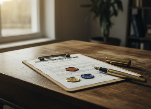 Legal document with wax seals, pen, and gold pen on wooden table, near window with indoor plant and bookshelf in background.