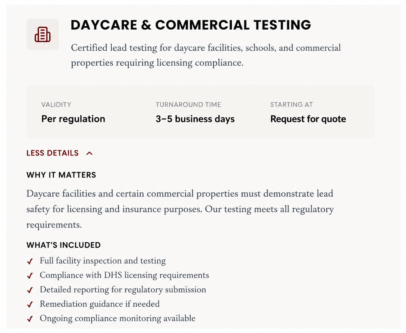 Information page about daycare and commercial lead testing services, including details such as validity per regulation, turnaround time of 3-5 business days, and instructions to request a quote. The page also explains importance, what's included, and compliance requirements.