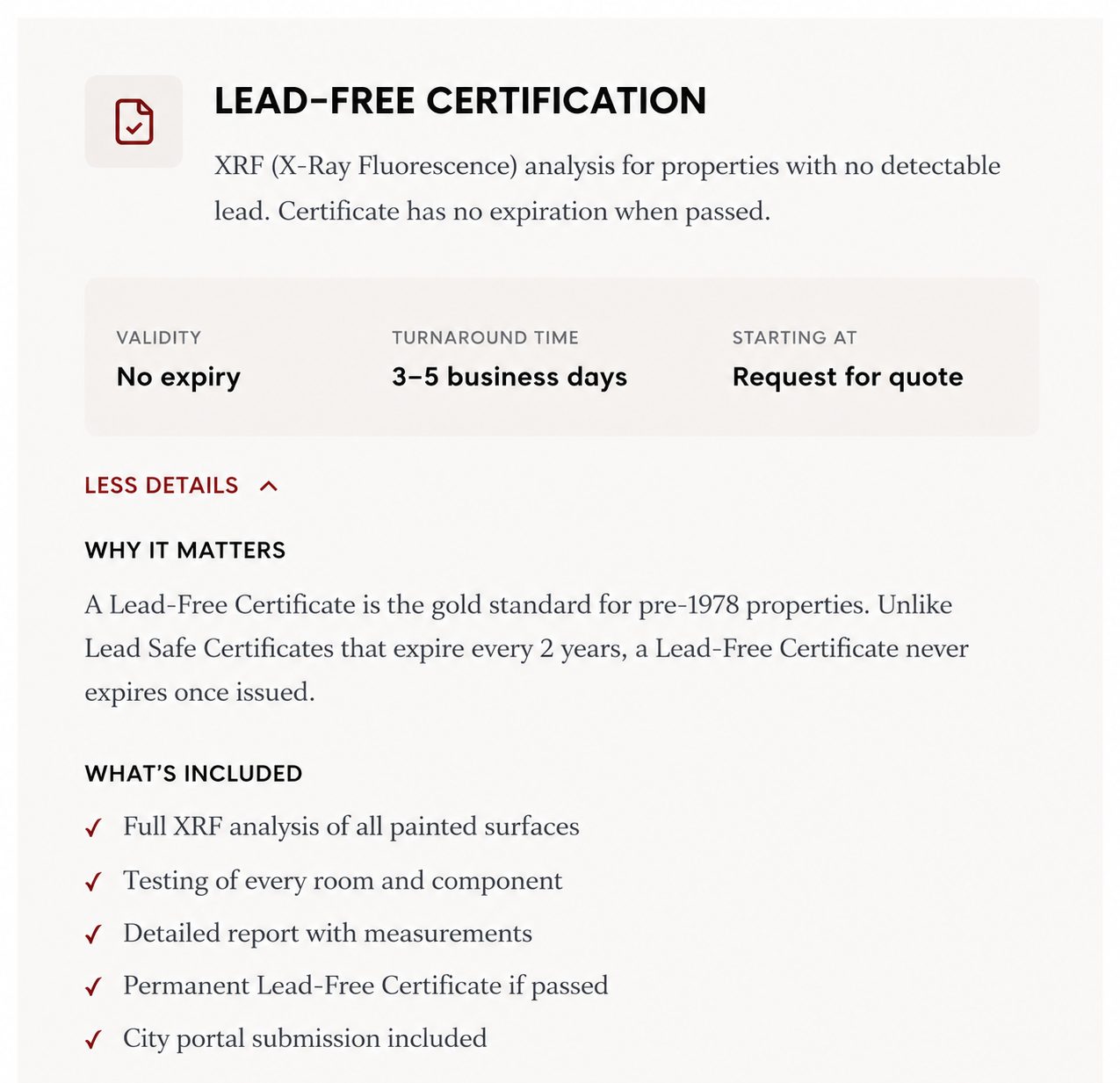 A webpage with information about lead-free certification for properties, including validity, turnaround time, and details about the certification process.