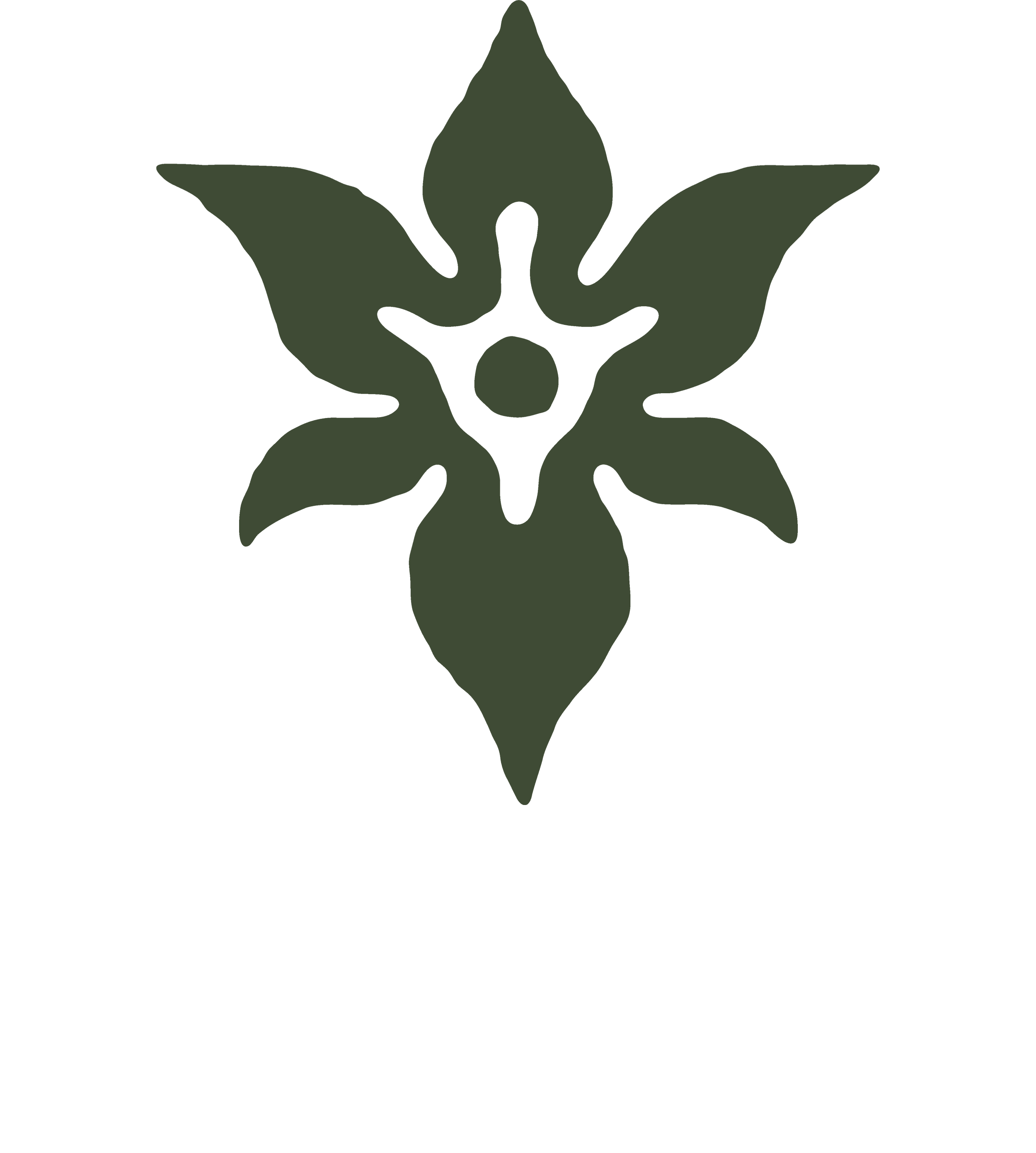 A stylized, minimalistic black and green logo featuring symmetrical, curved shapes resembling leaves and a central abstract figure.