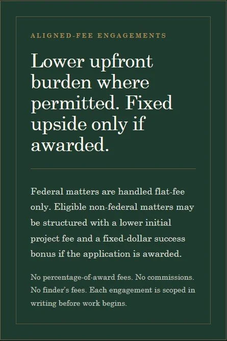 Green informational sign about aligned fee engagements, discussing responsibilities for lower upfront burden and details about federal and non-federal matters, project fees, and engagement policies.