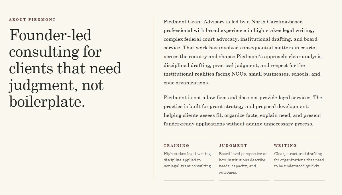 Text about Piedmont Grant Advisory, highlighting consulting work, focus on judgment, analysis, and practical judgment for nonprofits and organizations, with sections on training, judgment, and writing.