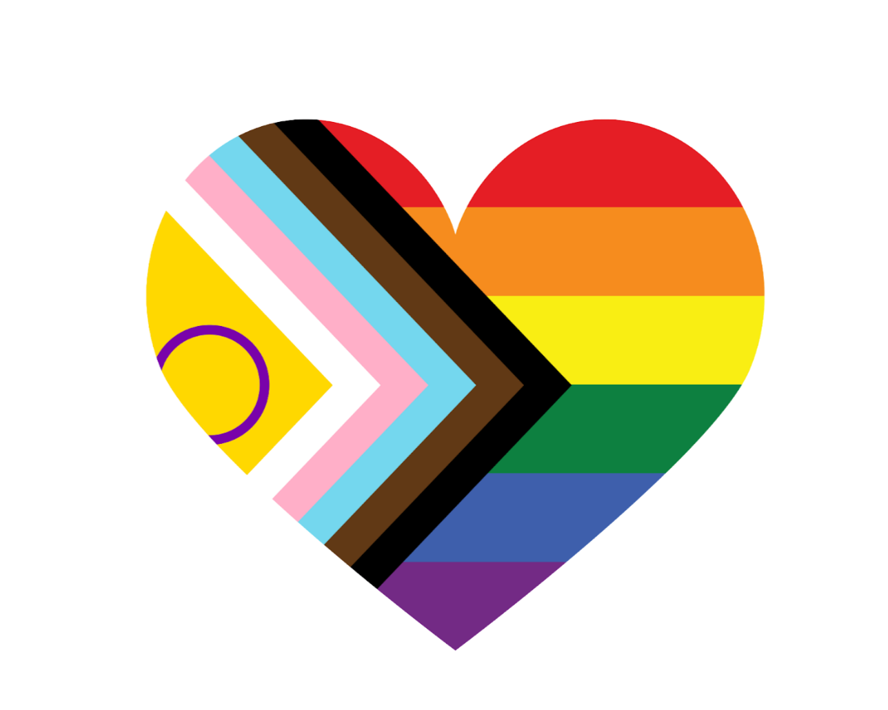 A heart with rainbow pride colors featuring a smaller heart with the bisexual pride flag and a pink, blue, and black stripe pattern.