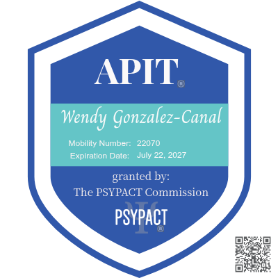 PSYPACT provider badge showing Dr. Wendy Gonzalez-Canal is authorized to provide telepsychology services in participating PSYPACT states.