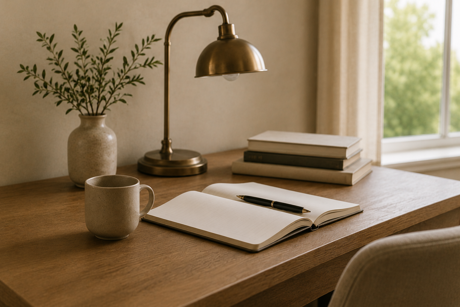 Notebook, pen, and warm workspace representing reflection, learning, and emotional resilience in therapy.