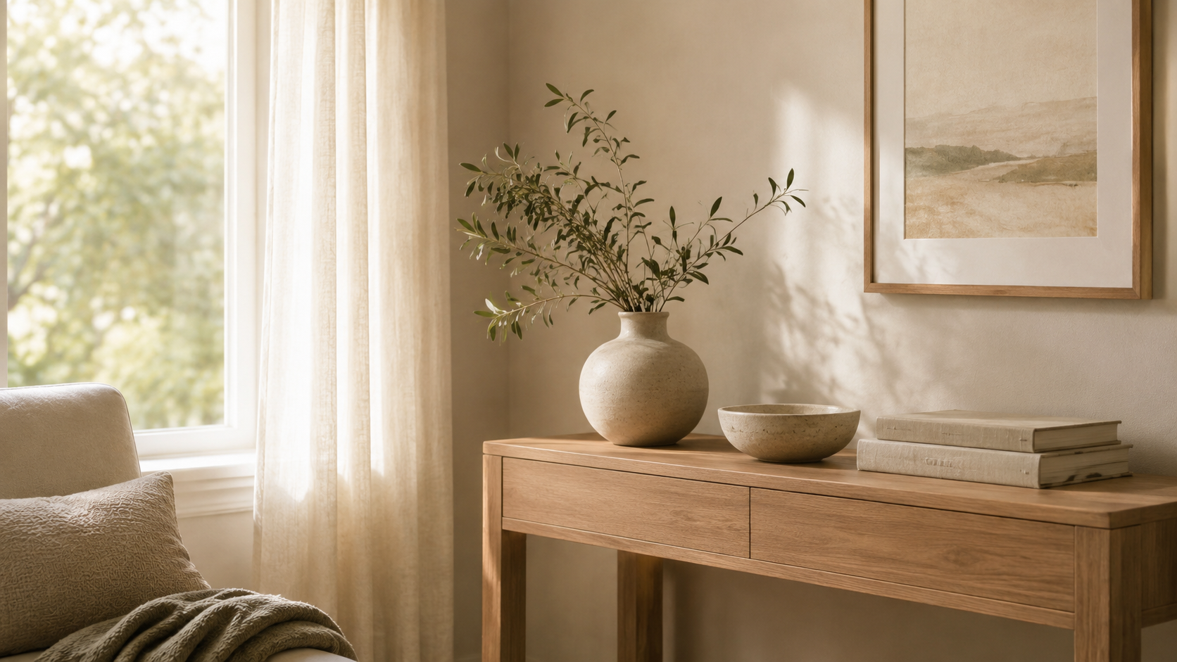 Warm therapy office with natural light, ceramic decor, and calming interior representing a welcoming online psychology practice.