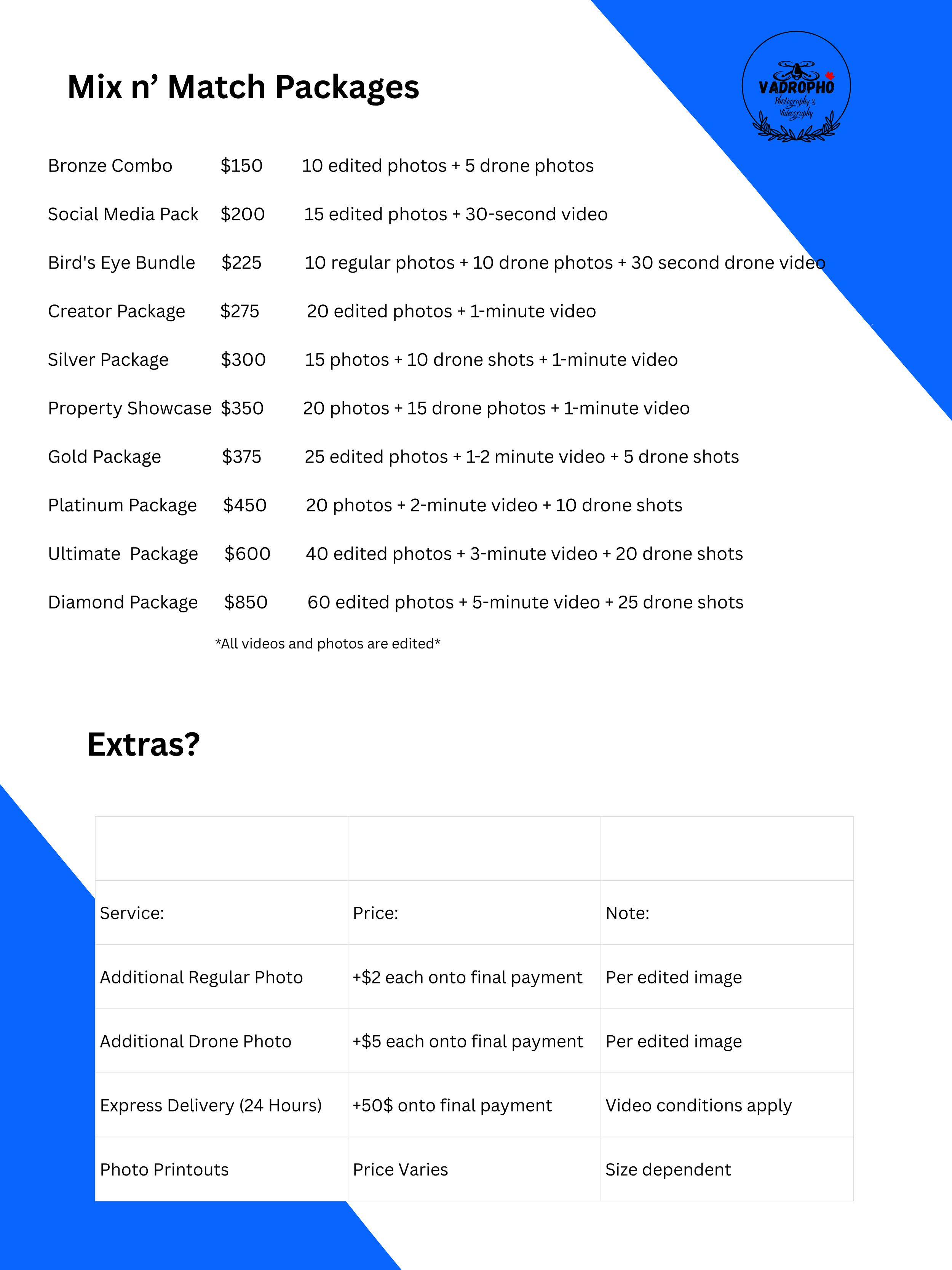 Pricing and service packages for photography and videography services, including details on photo editing, drone shots, video length, and additional fees, on a blue and white graphic background.