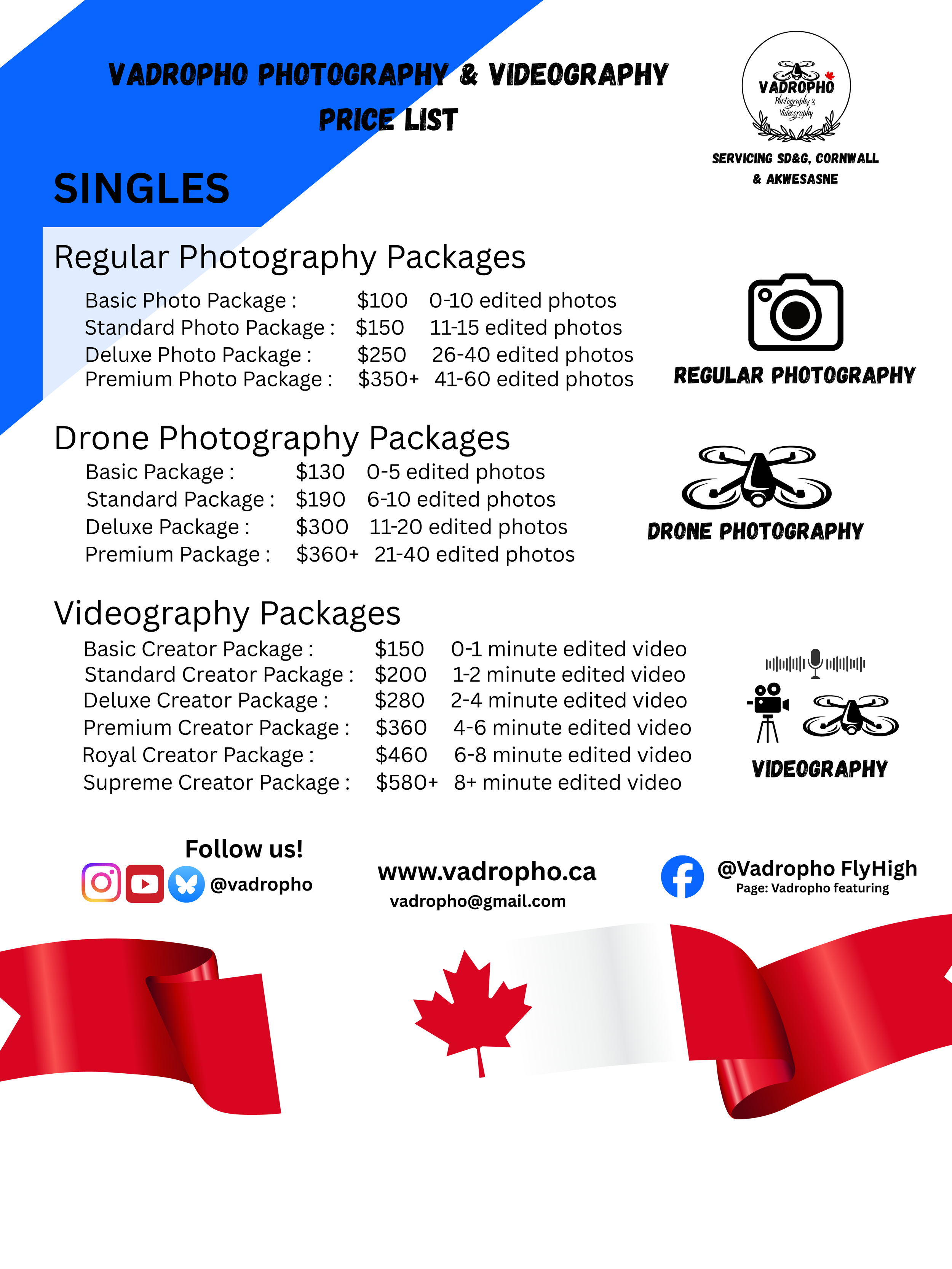 Pricing list for Vadropho Photography and Videography services, including photography packages, drone photography, videography packages, social media icons, Canadian flag, website and email contact information, and social media handles.