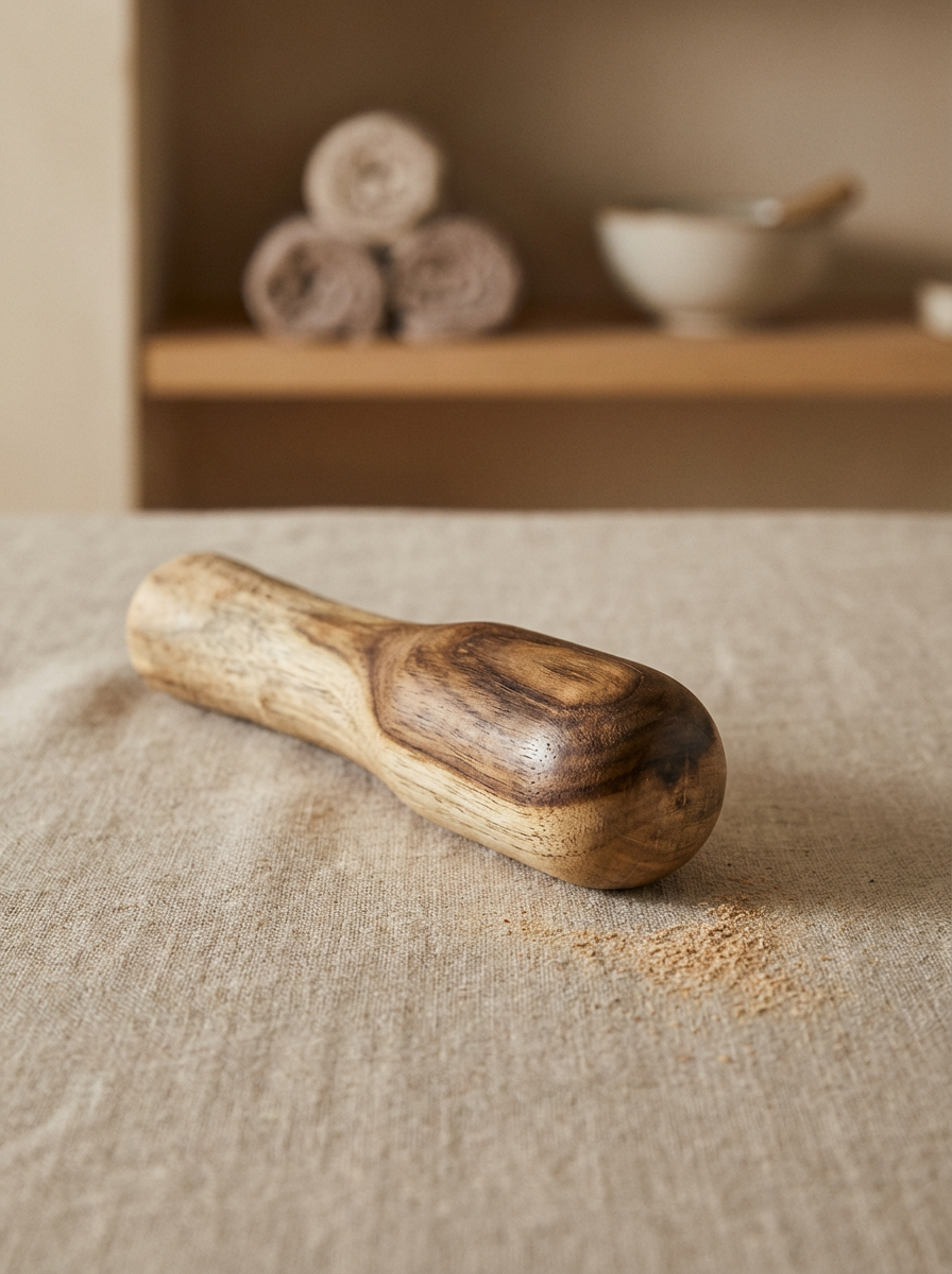 A wooden pestle placed on a beige fabric surface with a small pile of ground powder nearby, and a shelf with rolled towels and a ceramic bowl in the background.