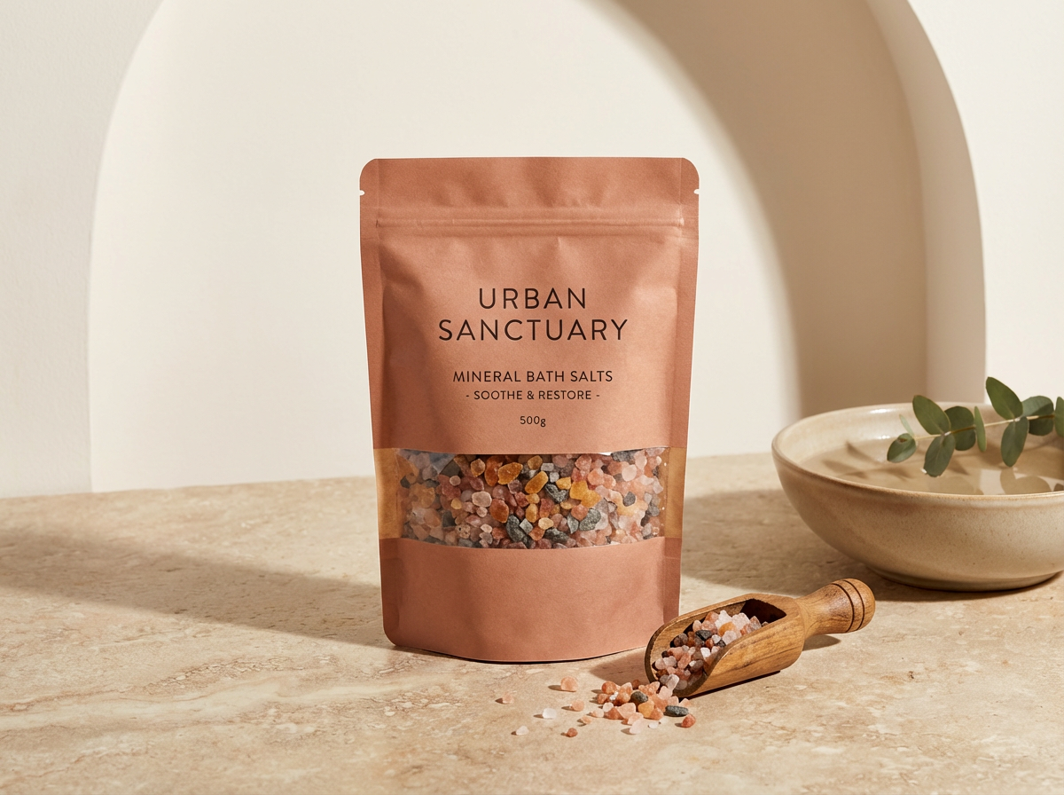 A package of Urban Sanctuary mineral bath salts on a beige countertop with spilled salts and a small wooden scoop. In the background, there is a beige bowl with green plant leaves inside.