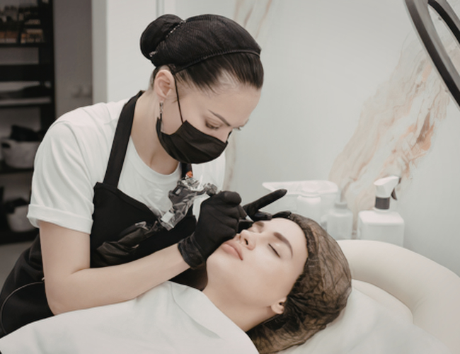 Beauty technician performing a cosmetic procedure on a woman's eyebrows in a spa or clinic setting.
