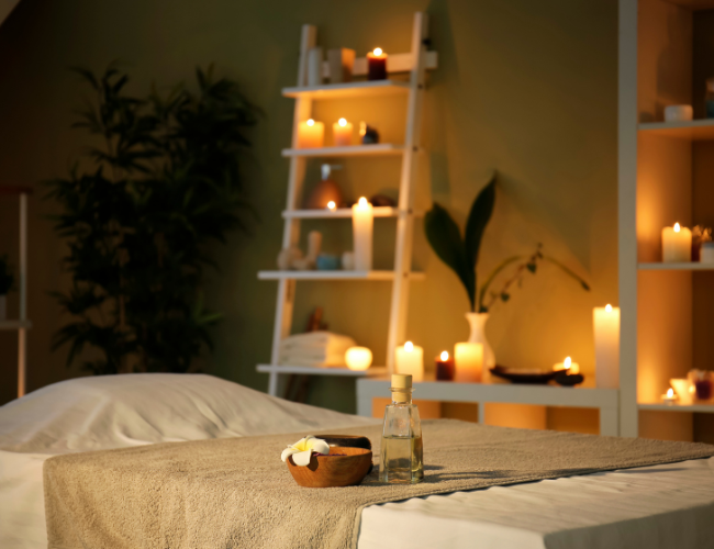 Relaxing massage room with candles and softly lit decor, featuring a massage table with a towel, and shelves with candles and plants in the background.