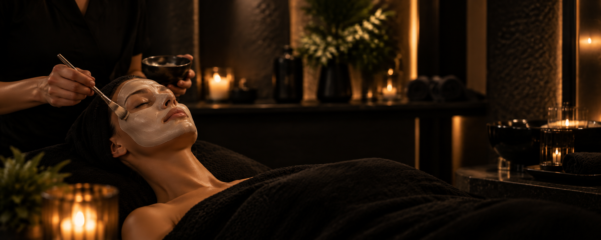 A woman with closed eyes receiving a facial mask treatment, with black mask being applied by a professional using a brush at The Harrison Cincinnati Ohio Day Spa