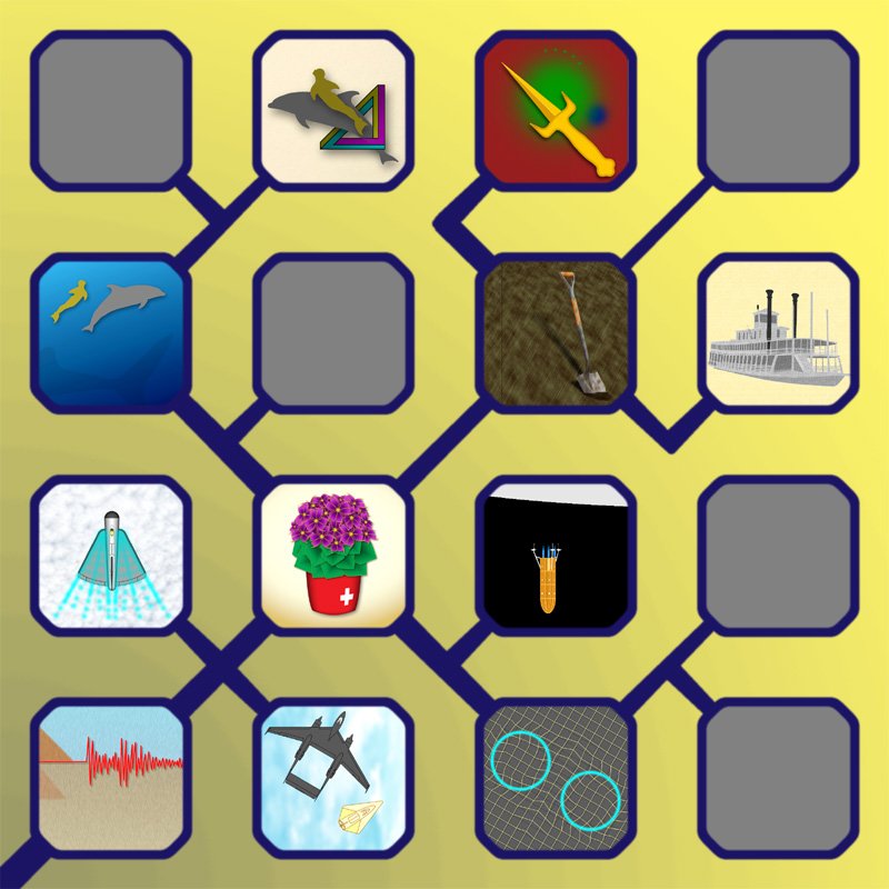 Illustration of a technology tree, such as in computer games, but this one with small images from stories by Brian Garrison.
