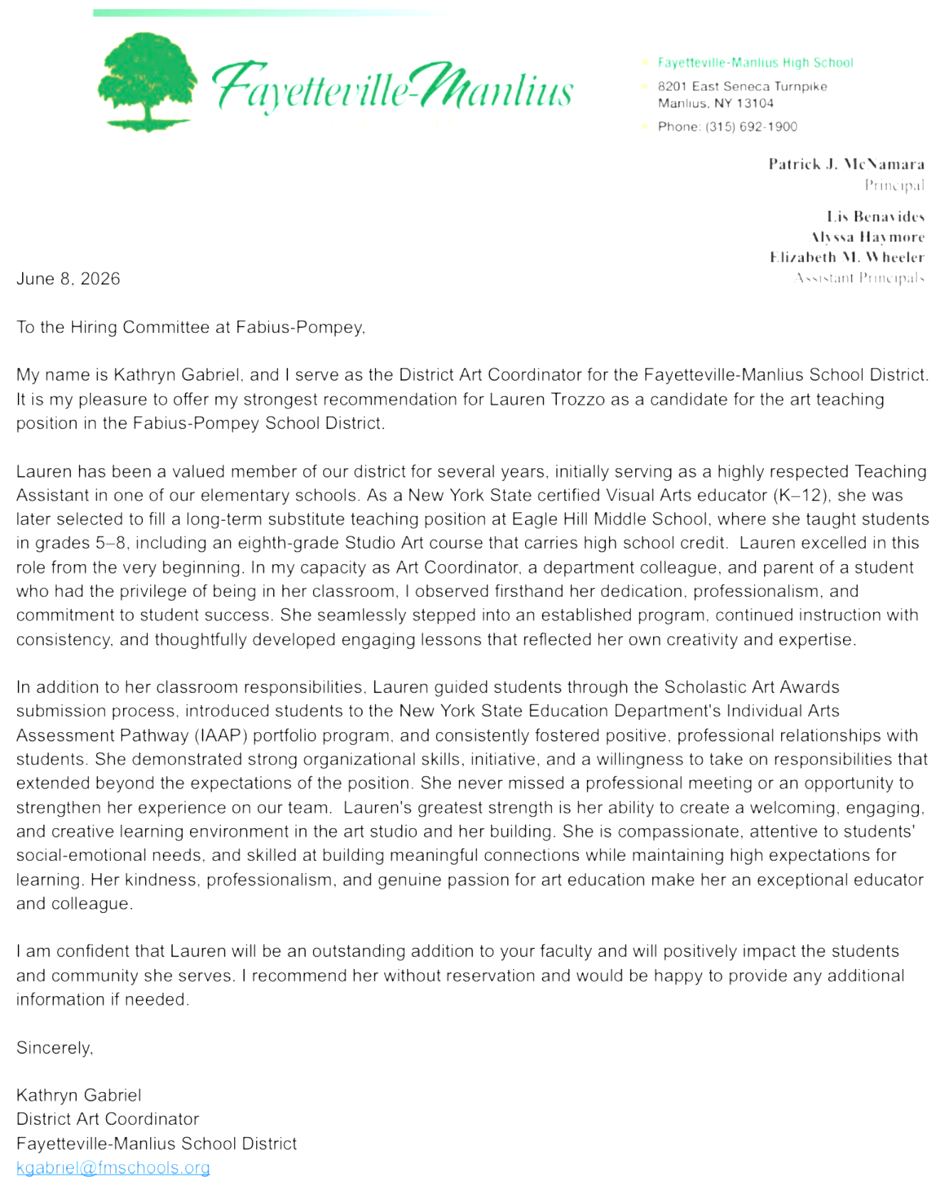 Lauren Trozzo's letter of recommendation, art teacher, art education