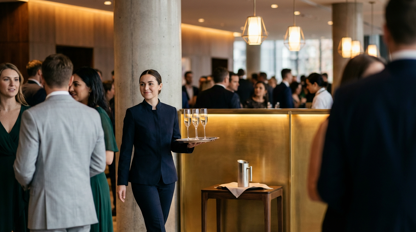 A woman with dark hair in a navy uniform carries a tray with four glasses of champagne at a formal event, with other guests socializing in the background.