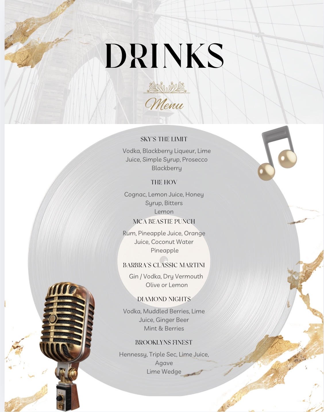 A drinks menu with a vinyl record-themed design. Contains drink names and ingredients, with decorative musical notes, a vintage microphone, and gold foil accents.