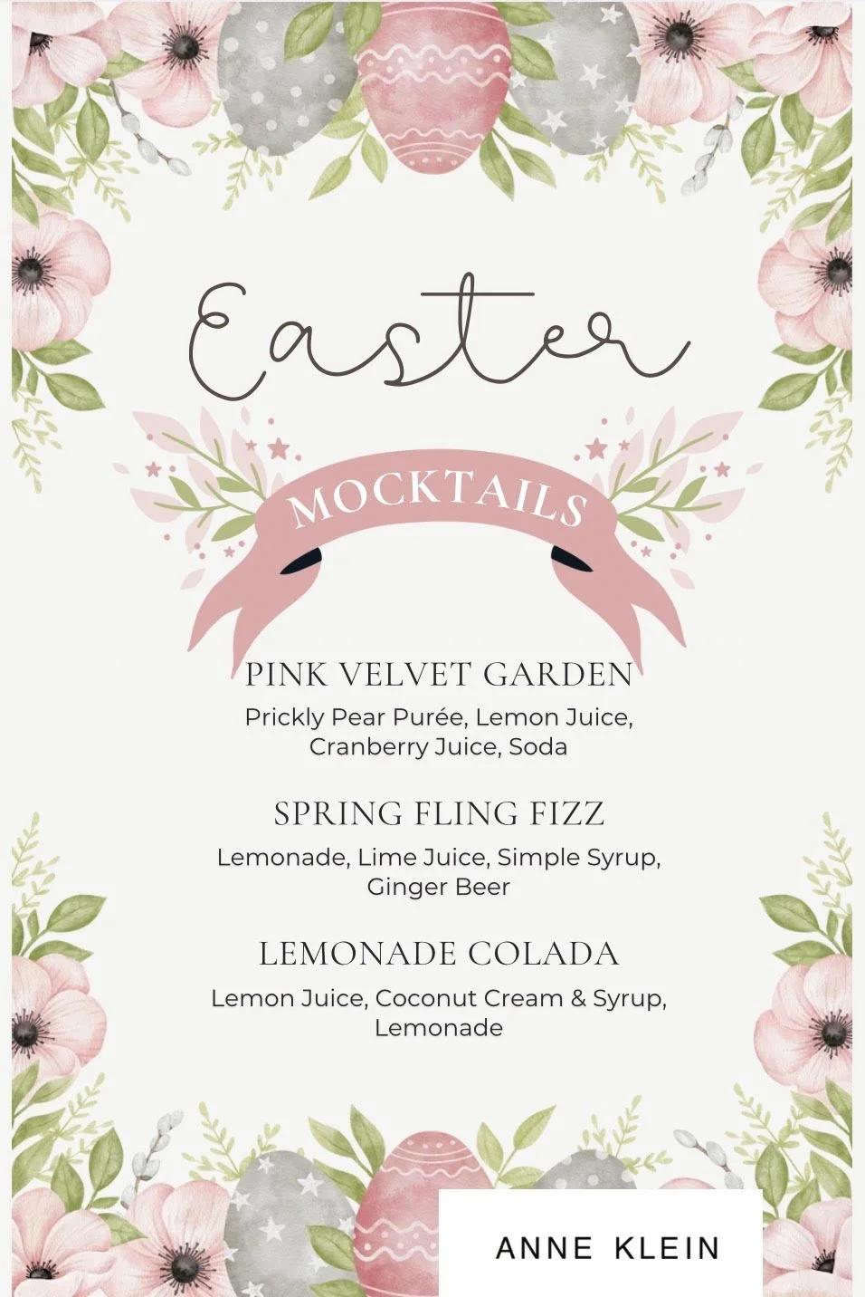 Easter-themed menu card with illustrations of pink flowers, Easter eggs, and leaves. It features mocktail recipes including Pink Velvet Garden, Spring Fling Fizz, and Lemonade Colada, with ingredients listed for each. The bottom right corner has the 