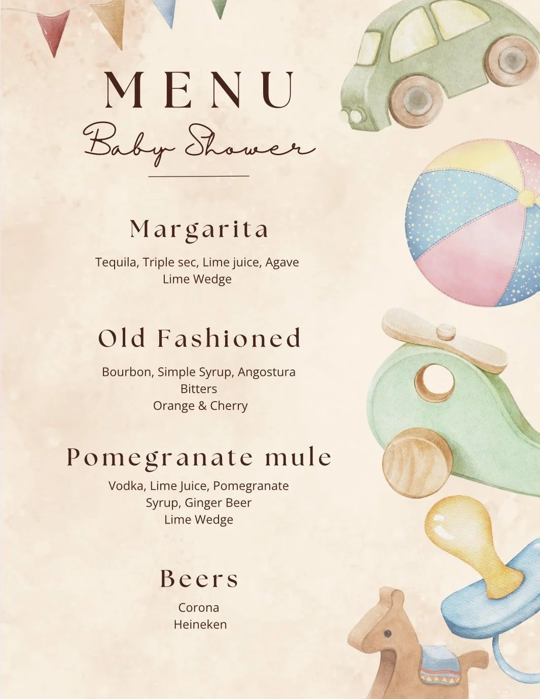 Baby shower menu with colorful illustrations of a toy car, beach ball, toy drill, and rocking horse.