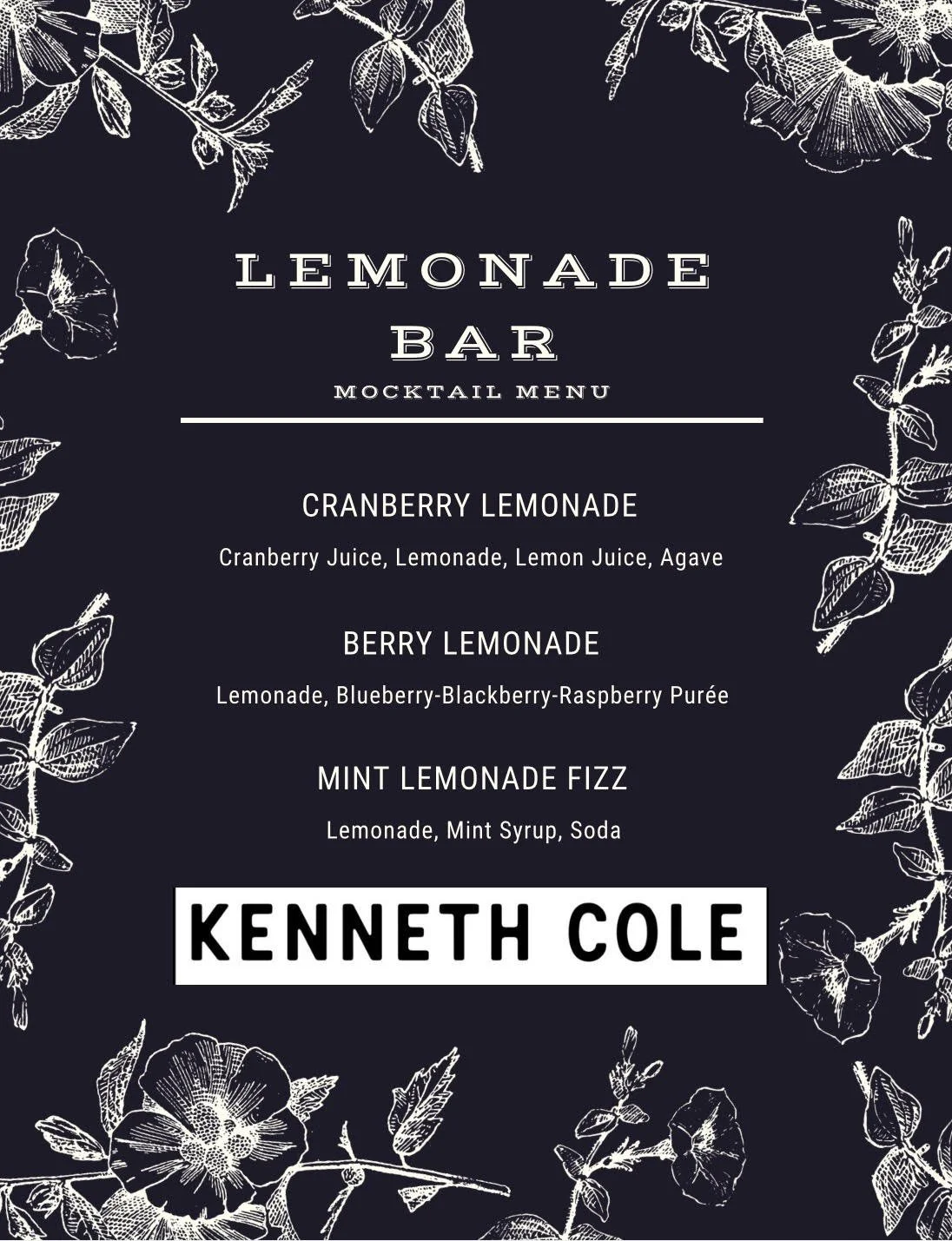 Menu for a lemonade bar, featuring mocktail options including cranberry lemonade, berry lemonade, and mint lemonade fizz, with decorative white floral sketches on a dark background, and the name Kenneth Cole at the bottom.