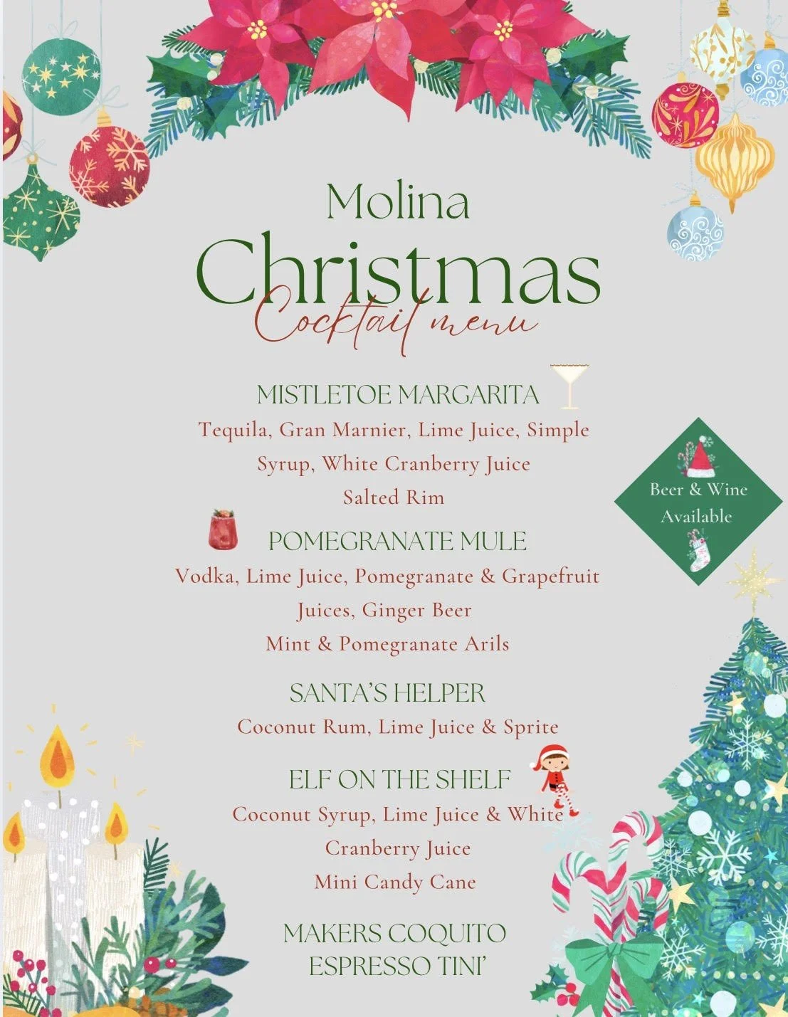 Christmas cocktail menu featuring festive decorations such as ornaments, poinsettias, a Christmas tree, candles, and a candy cane.