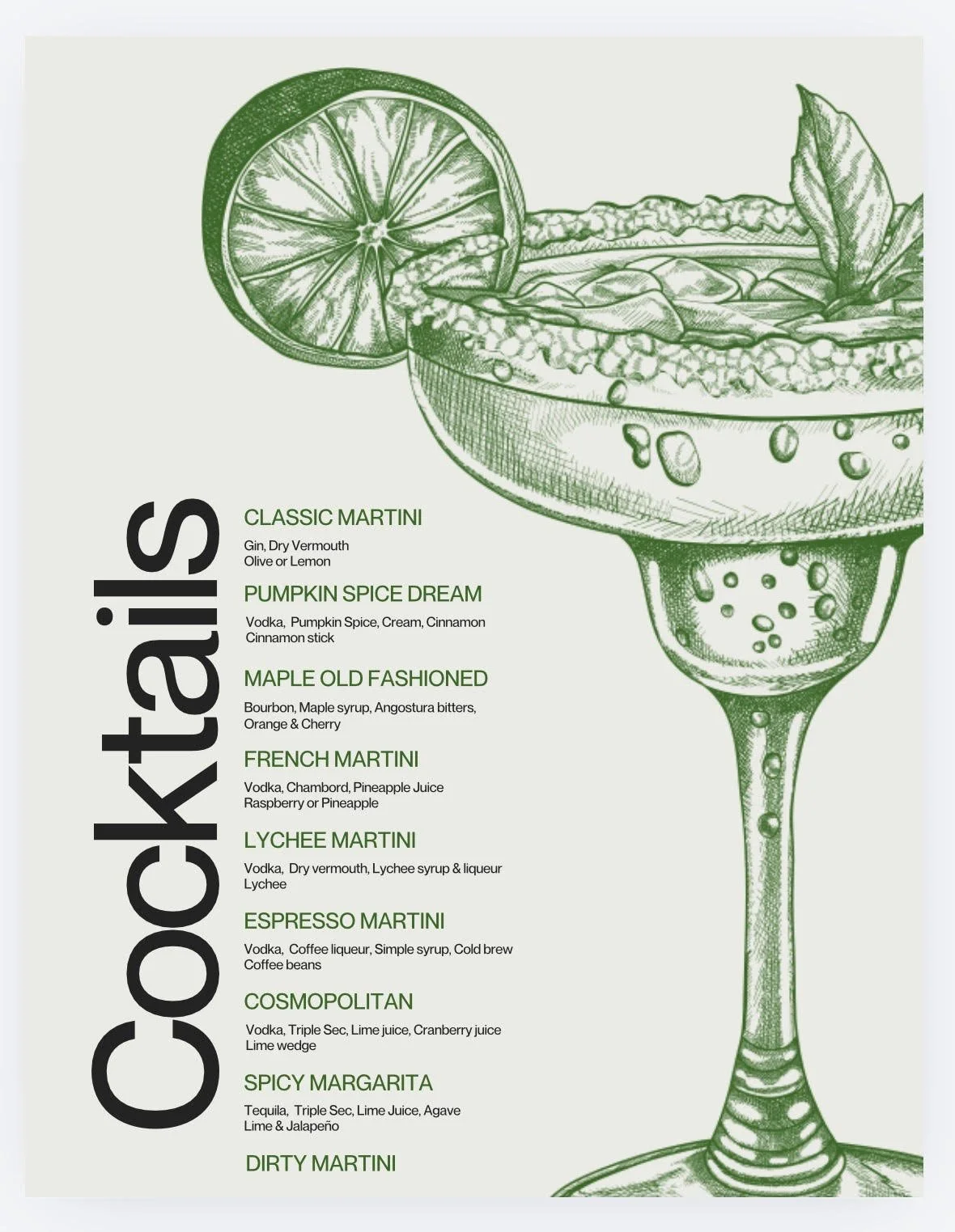 Green illustrated cocktail menu featuring a margarita glass with lime and a lemon slice. Lists various cocktails including classic martini, pumpkin spice dream, maple old fashioned, French martini, lychee martini, espresso martini, cosmopolitan, spic