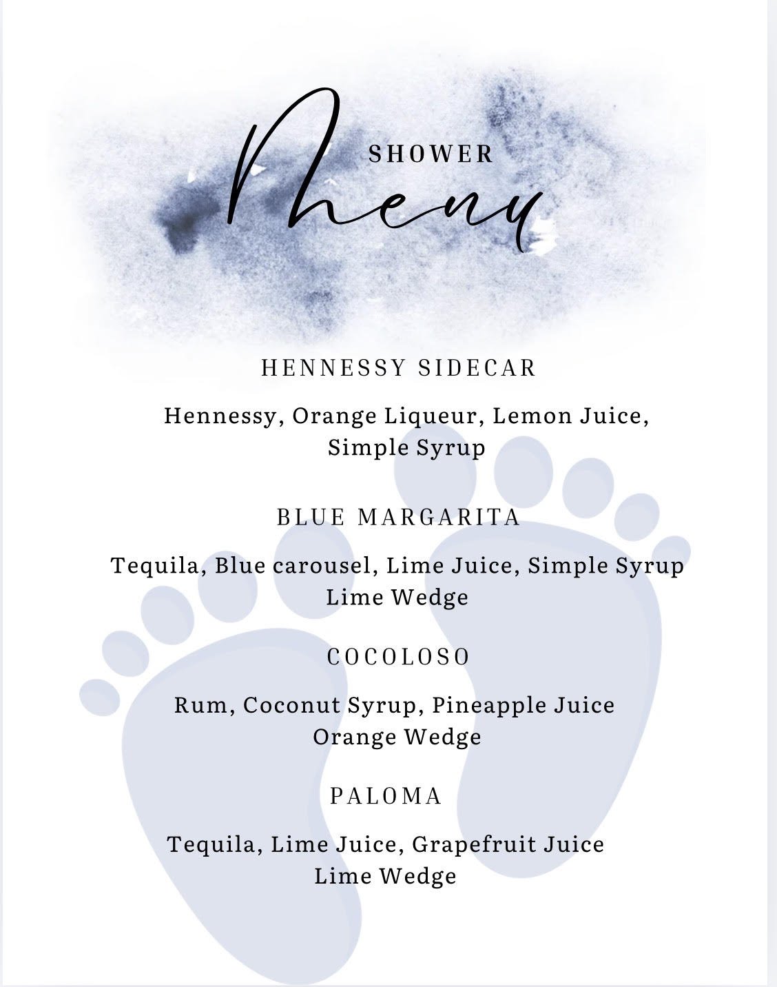 Shower menu with drink options: Hennessy Sidecar, Blue Margarita, Cocomelo, and Paloma.